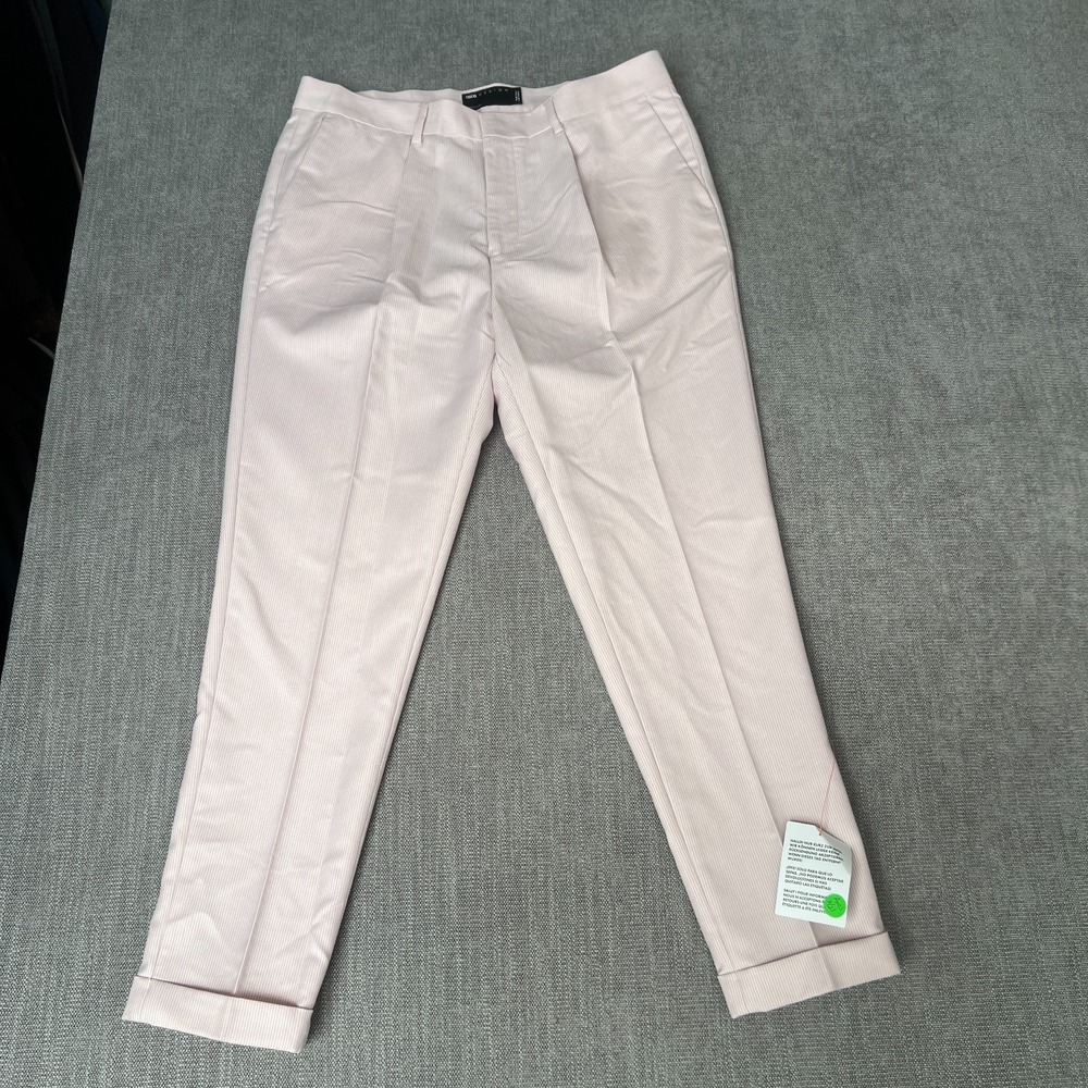 ASOS Design Dress Pants Mens 36x32 Pink Pinstriped Pleated Slim Fit Cuffed Ankle